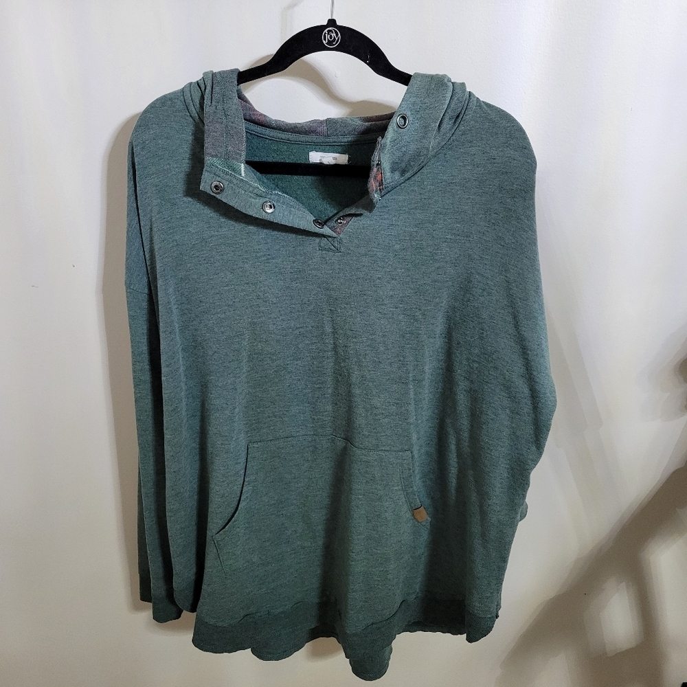 Maurices Plus Size Green Fall Hoodie, Plaid Hood, Buttons Green Sweatshirt, Sz 1